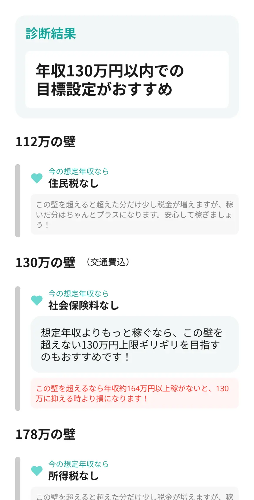 診断結果のサンプル。年収130万円以内での目標設定がおすすめ、といった提案と、112万・130万・178万など該当する壁ごとの判定が表示されます